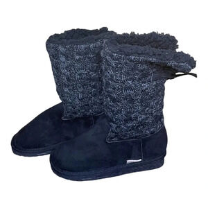 Muk Luks Cozy Black Knit Bow Tie Lined Winter Boots Comfy House Shoes Women's 6